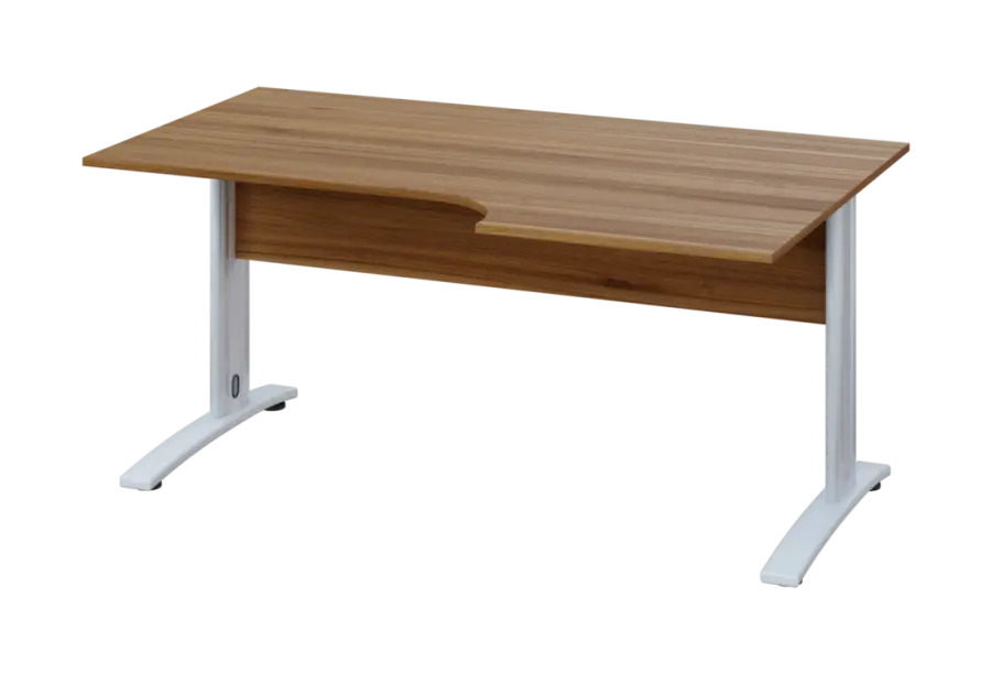 ERK 18 - 166 stůl kancelářský, rohový, pravý, kovová podnož bílá, deska 18 mm, široký 1600 mm, ořech světlý